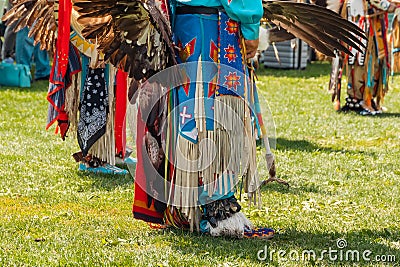Powwow. Native Americans dressed in full Regalia. Close-up details of Regalia Stock Photo