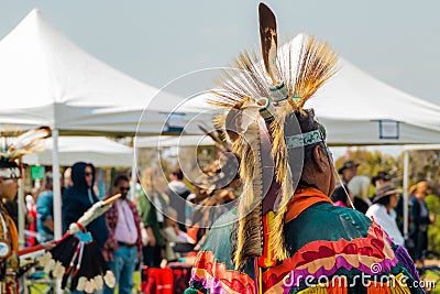Powwow. Native Americans dressed in full Regalia. Close-up details of Regalia Editorial Stock Photo