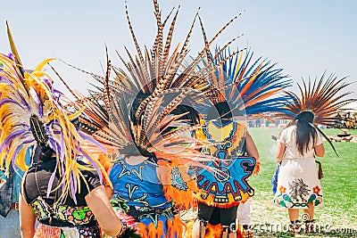 Powwow. Native Americans dressed in full regalia. Details of regalia close up. Chumash Day Powwow Editorial Stock Photo