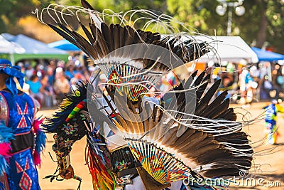 Powwow. Native Americans dressed in full regalia. Details of regalia close up. Stock Photo