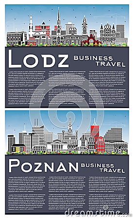 Poznan and Lodz Poland City Skyline set with Color Buildings, Blue Sky and Copy Space. Cityscape with Landmarks Stock Photo