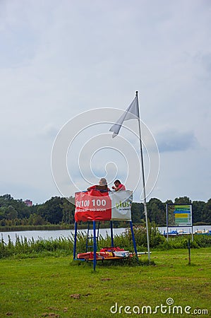 POZNAN, POLAND - Aug 30, 2017: Safety guards sitting on a low tower Editorial Stock Photo