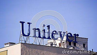 Poznan, Poland - February 13th 2022. Old Unilever logo on the production hall. Editorial Stock Photo