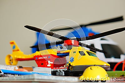 Yellow Lego helicopter on a table Editorial Stock Photo