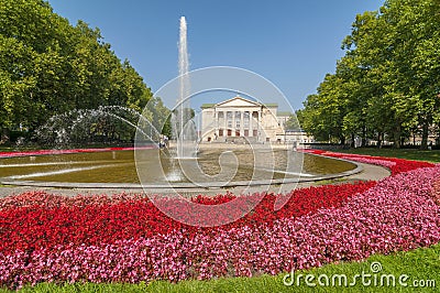 Poznan Stanislaw Moniuszko Great Theatre Opera building with fountain and garden, Poland Editorial Stock Photo