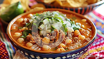 Pozole soup with chopped cucumber. AI generated. Stock Photo