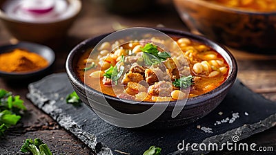 pozole on top of stone slate - mexican food Stock Photo