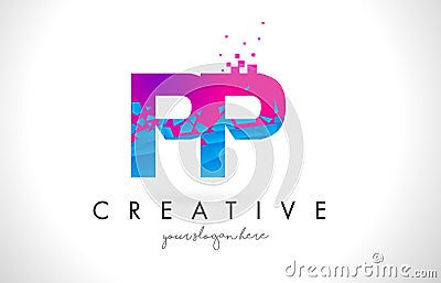 PP P Letter Logo with Shattered Broken Blue Pink Texture Design Vector Illustration
