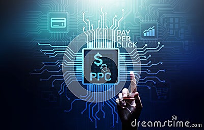 PPC Pay per click payment technology digital marketing internet business concept on virtual screen. Stock Photo