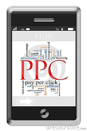 PPC Word Cloud Concept on Touchscreen Phone Stock Photo