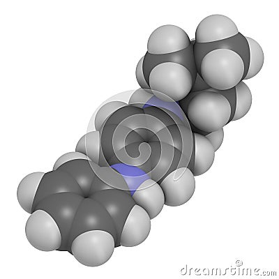 6PPD rubber additive molecule. Toxic to salmon. 3D rendering. Atoms are represented as spheres with conventional color coding: Stock Photo