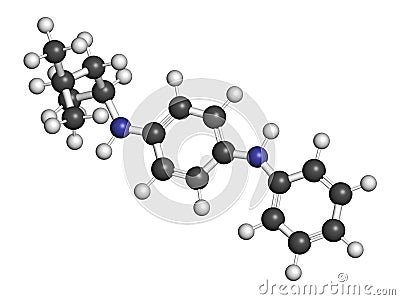 6PPD rubber additive molecule. Toxic to salmon. 3D rendering. Atoms are represented as spheres with conventional color coding: Stock Photo