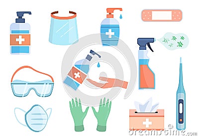 Ppe icons. Hand sanitizer bottles, antiseptic wipes and antibacterial liquid soap, med mask and respirator, gloves Vector Illustration