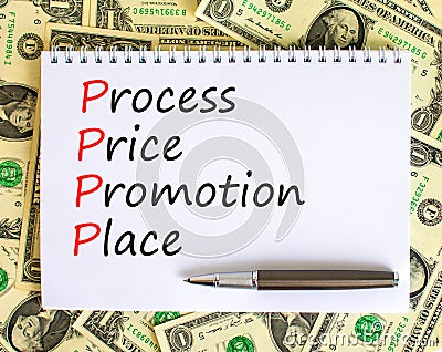 PPPP process price promotion place symbol. Concept words PPPP process price promotion place on white note on beautiful dollar Stock Photo