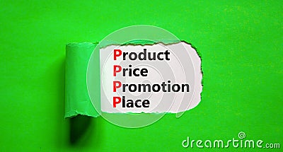 PPPP product price promotion place symbol. Concept words PPPP product price promotion place on white paper on beautiful green Stock Photo