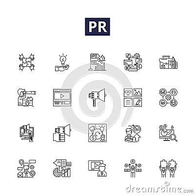 Pr line vector icons and signs. Primp, Presell, Propel, Pragmatic, Provision, Proactive, Prolific, Presto outline vector Vector Illustration