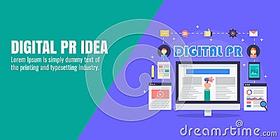 PR strategy, digital press release, news publication, online magazine, content marketing concept. Flat design banner. Vector Illustration