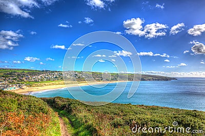 Praa Sands Cornwall England near Penzance and Mullion in colourful HDR Stock Photo