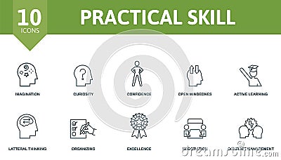 Practical Skill icon set. Contains editable icons life skills theme such as imagination, confidence, active learning and Vector Illustration