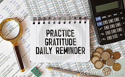 Practice gratitude daily reminder - inspirational handwriting on a napkin Stock Photo