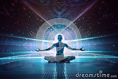 practicing yoga on digital holographic background with peaceful music Stock Photo