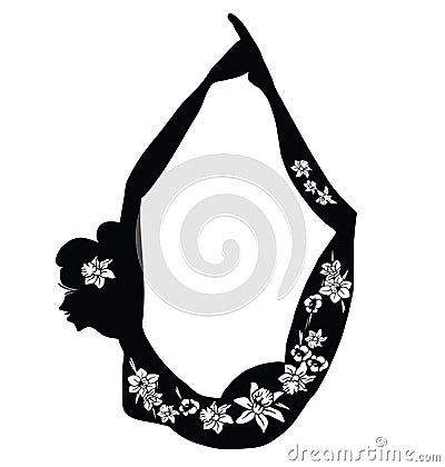 Practicing Yoga. Illustration of a Woman Making Fitness Exercise. Silhouette with flower cut design Vector Illustration