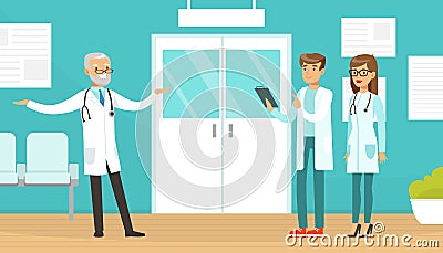 Practitioner Doctors Standing in Medical Clinic, Hospital, Professional Medical Characters Vector Illustration Vector Illustration