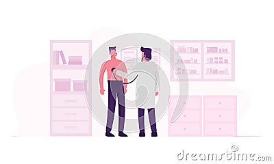 Practitioner with Stethoscope Listening Male Patient Character Heart Beating in Doctor Therapist Office. Medicine Vector Illustration