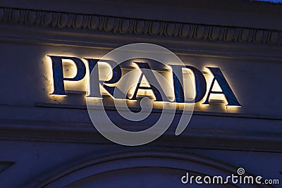 prada logo sign night shot fashion luxury brand Editorial Stock Photo