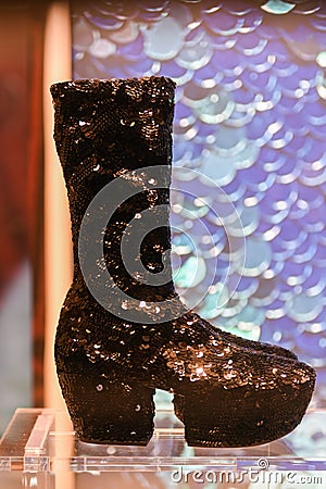 Prada luxury and fashionable shoes from new collection 2022, close up store show case Editorial Stock Photo