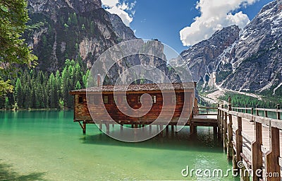 Pragser wildsee with its boathouse Stock Photo