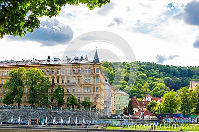 Prague architecture. Embankment in a green park Editorial Stock Photo