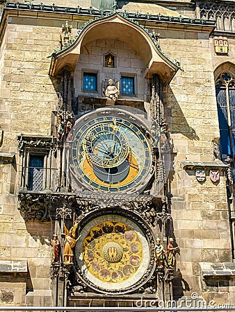 Prague astronomical clock on south facade of Old Town Hall Stock Photo