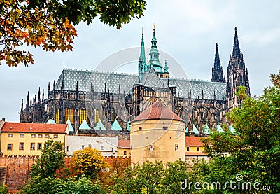 Prague autumn landscape with saint vitus cathedral Stock Photo