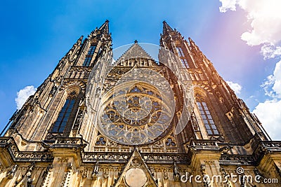 Prague, bell gothic towers and St. Vitus Cathedral. St. Vitus is a Roman Catholic cathedral in Prague, Czech Republic. Panoramic Stock Photo