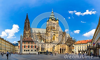 Prague, bell gothic towers and St. Vitus Cathedral. St. Vitus is a Roman Catholic cathedral in Prague, Czech Republic. Panoramic Editorial Stock Photo