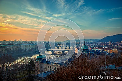 Prague bridges panorama during mist morning Stock Photo