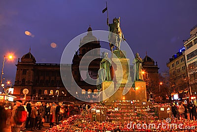 Winter Prague, Candle Lights for ex President Vaclav Havel, Czech Republic Editorial Stock Photo