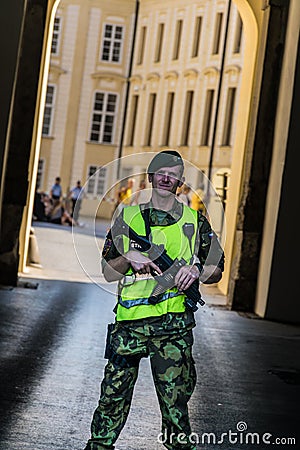 Prague, Czech Republic - September , 18, 2019: Prague Castle Security guard on duty outside one of the main gateways. Editorial Stock Photo