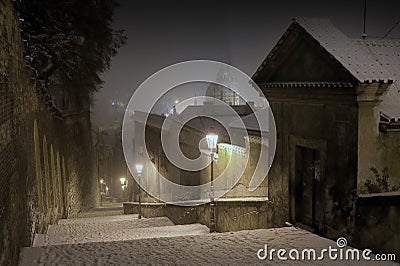 Prague Castle Stairway Leading to The Old Town of Prague in Winter Night Stock Photo