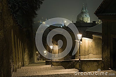 Prague Castle Stairway Leading to The Old Town of Prague in Winter Night Stock Photo