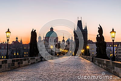 Prague, Charles Bridge (Karluv Most) in the morning, the most be Stock Photo