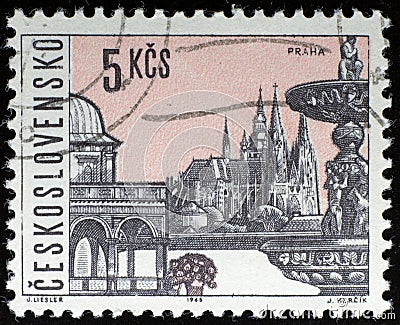 Prague cityscape in vintage stamp Editorial Stock Photo