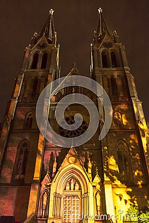 PRAGUE, CZ - OCTOBER 12, 2017: Videomapping the Macula by Khora at the Saint Ludmila church at the Prague Signal festival 2017 Editorial Stock Photo