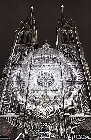 PRAGUE, CZ - OCTOBER 12, 2017: Videomapping the Macula by Khora at the Saint Ludmila church at the Prague Signal festival 2017 Editorial Stock Photo