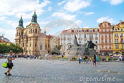Prague, Czech - 21.08.2018: Jan Hus Memorial designed by Ladislav Saloun in Old town square in Prague Editorial Stock Photo