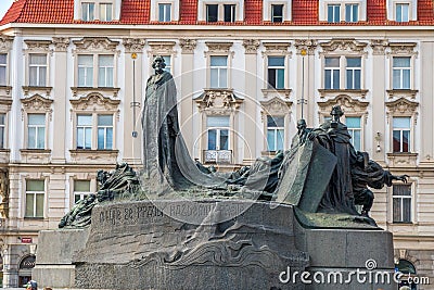 Prague, Czech - 21.08.2018: Jan Hus Memorial designed by Ladislav Saloun in Old town square in Prague Editorial Stock Photo