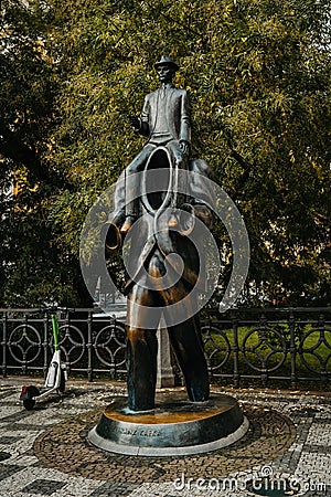 Prague, CZECH - November 2022. Statue of Franz Kafka by artist Jaroslav Rona. Editorial Stock Photo