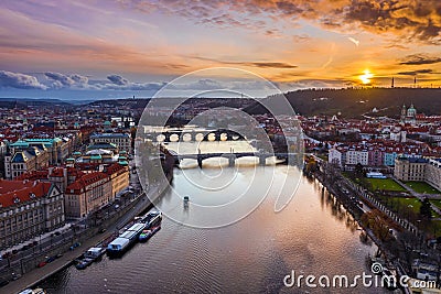 Prague, Czech Republic - Aerial panoramic drone view of the city Prague with the world famous Charles Bridge Karluv most Stock Photo
