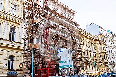 PRAGUE, CZECH REPUBLIC - April 8, 2019: Building in the center of Prague with scaffolding. Restoration of the facade Editorial Stock Photo